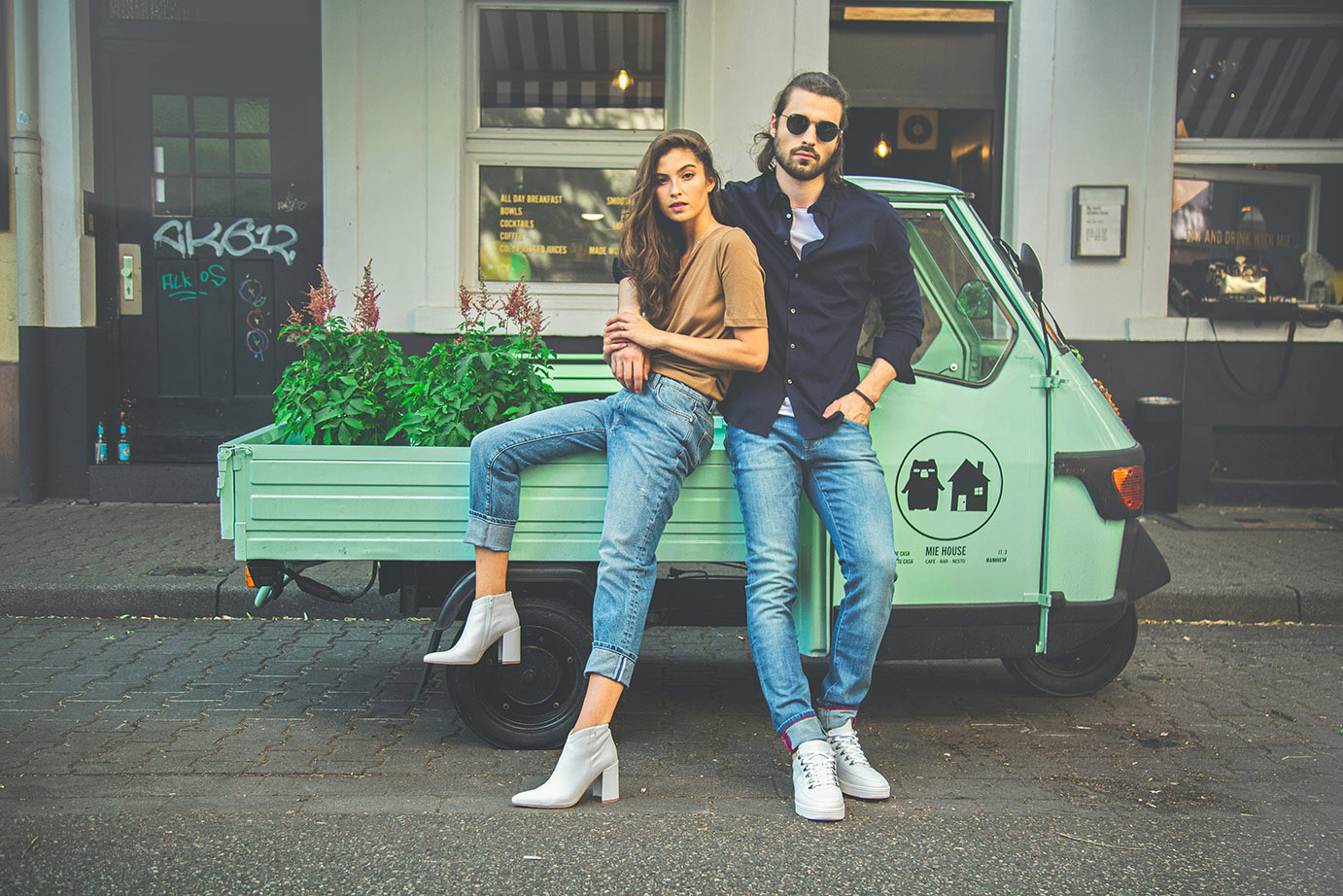 Two Fashion Model on The Street with Retro Motor